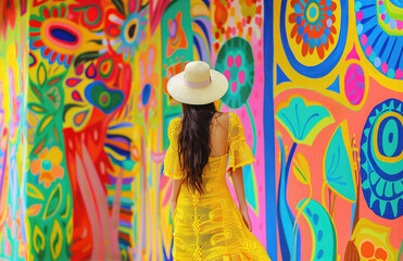 Poster - A woman in a yellow dress and white hat dancing with her back to the camera, walking along colorful walls covered in vibrant murals of traditional patterns