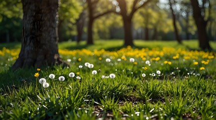 Beautiful spring natural background. Landscape with young lush green grass with blooming dandelions against the background of trees in the garden.