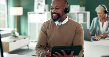 Poster - Winner, goal or black man with success in call center with telemarketing or telecom bonus on computer. African consultant, agent or excited virtual assistant with victory, tablet or sales achievement