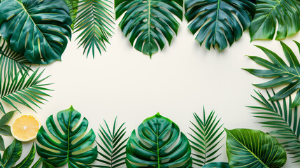 Wall Mural - A green leafy background with a yellow fruit in the center. The background is filled with various green leaves and the fruit is placed in the middle