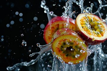 Canvas Print - mango and passion fruit slices, in the air, with splashes of water, black background