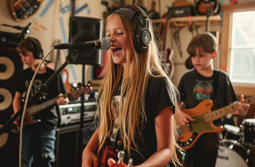 Poster - A young girl with long blonde hair and a black headband, wearing headphones singing into the microphone in front of her while playing guitar in a home studio