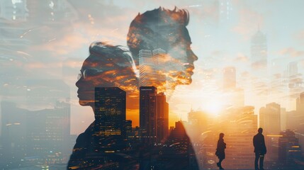 Wall Mural - Business, Finance and Investment Concepts: The future of digital technology, Double exposure of business people and city landscape