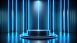 © tnihousestudio - Blue neon stage in a futuristic room.