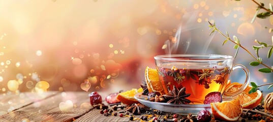 Wall Mural - Cup of aromatic tea with spices, herbs, dried fruit orange slices banner