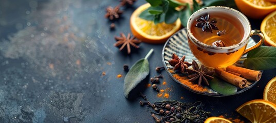 Poster - Cup of aromatic tea with spices, herbs, dried fruit orange slices banner