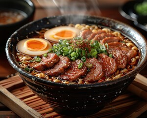 Wall Mural - A steaming bowl of ramen, topped with sliced pork, egg, and green onions.