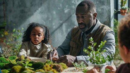 Eco-educational moment with a Black man showing kale to children in a nature-inspired setting