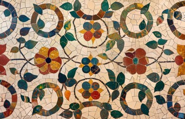 Antique circular floral mosaic with a rich historical ambiance. Vibrant tile patterns capturing the essence of traditional artisanship