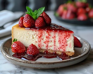 Canvas Print - A slice of New York-style cheesecake, topped with a strawberry glaze.
