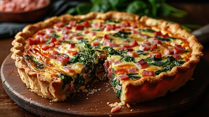 Poster - A savory quiche, filled with spinach, cheese, and ham.