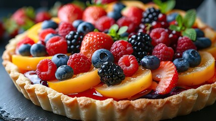 Canvas Print - A fresh fruit tart, topped with an array of vibrant berries.