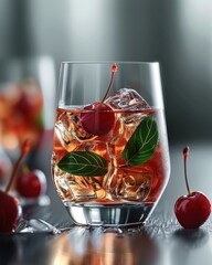 Poster - Stemless wine glass, ice with red punch inside, two cherries inside with green leaf stems hanging out of glass attached together. Generative AI.