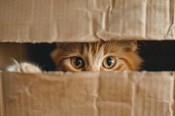 Wall Mural - Ginger cat peeking out of brown cardboard box