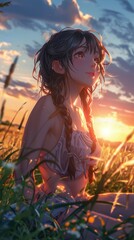 Wall Mural - girl kawaii petite minor eyeliner, brown eyes, - indigo hair, braided ponytail, hair down, hair pulled back, happy, soft socks shoes outdoors, warm sunset light sun, rays of light sparkle deep shadows