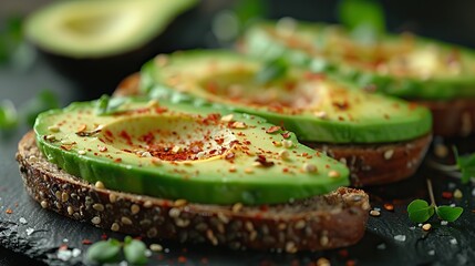 Wall Mural - A fresh avocado toast, sprinkled with chili flakes and sea salt.