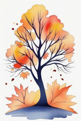 Tree colorful fall foliage in varying shades, representing seasons autumn, isolated on white background in watercolor style.