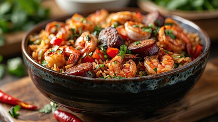 Wall Mural - A bowl of spicy jambalaya, filled with shrimp, sausage, and rice.