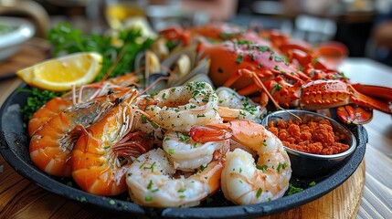 Wall Mural - A fresh seafood platter, with shrimp, crab, and lobster.