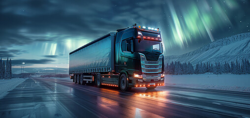 a big truck riding on a road at night. in the background, aurora borealis displays realistic greens,