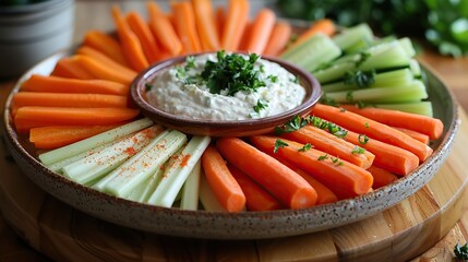 Wall Mural - A fresh vegetable platter, with carrots, celery, and dip.