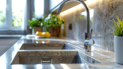 Poster - Composite granite sink in a modern kitchen design, close-up shot, highlighting its robust construction and aesthetic appeal, isolated background with studio lighting. Generative AI.