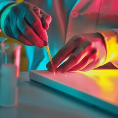 Aufkleber - Scientist Conducting Precise Research Using Pipette in Vibrant Orange-Lit Lab Setting