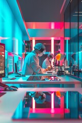 Poster - Futuristic Bioengineering Lab Activity at Night: Scientists in Protective Gear Under Neon Blue Lights