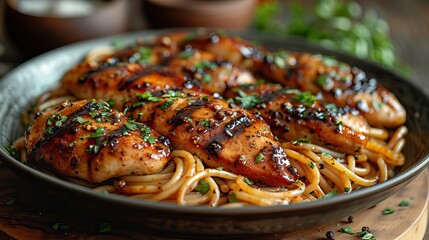 Wall Mural - A dish of flavorful chicken Marsala, served with pasta.