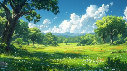 Idyllic summer landscape of a lush green meadow with vibrant wildflowers, surrounded by tall trees and mountains under a bright blue sky with scattered clouds.