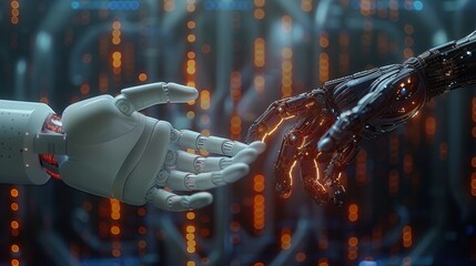 Leinwandbilder - A robotic hand and a human hand reaching towards each other, with a backdrop of binary code and complex algorithms. the collaboration between humans and AI in the digital age. Generative AI.
