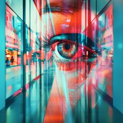 Aufkleber - Futuristic Augmented Reality Interface in Urban Setting Featuring Eye Close-Up, Emphasizing Privacy and Innovation