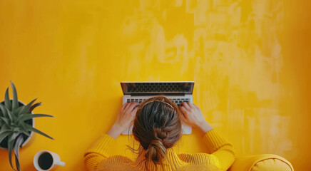 Aufkleber - Woman using a laptop computer overhead view on a yellow background. Generative AI.