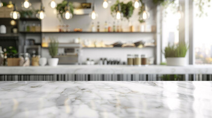 Empty white table top, counter, desk background over blur perspective bokeh light background, White marble stone table, shelf and blurred kitchen restaurant for food, product display mockup, template