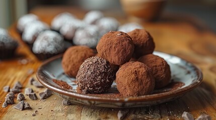 Wall Mural - A serving of rich chocolate truffles, dusted with cocoa.