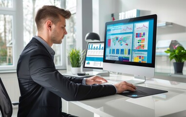 Poster - Young Professional Male Working on Data Security Applications in a High-Tech Office Environment
