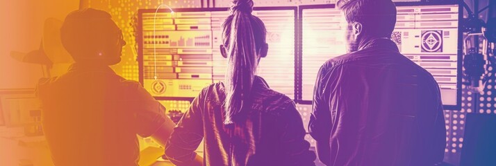 Aufkleber - Futuristic Command Center Scene with Diverse Cybersecurity Experts Monitoring Blockchain Transactions, Late Afternoon