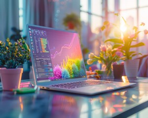 Poster - Modern Workspace Featuring Laptop with Futuristic Genetic Editing Interface During Sunset