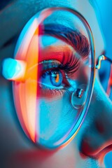 Aufkleber - Close-up of Young Adult Woman Engaging with Futuristic Holographic Interfaces in a High-Tech Environment, Emphasizing Innovation in Privacy Technology