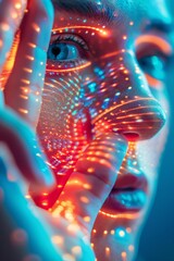 Futuristic Interface Interaction: Young Adult Female Engages with Advanced Holographic Technology in a Close-Up View, Emphasizing Privacy Innovation