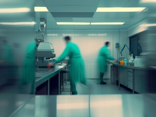 Aufkleber - Abstract Motion Blur of Two Scientists in Green Lab Coats in a Symmetrical Gray Laboratory, Utilizing Reproduction Technology