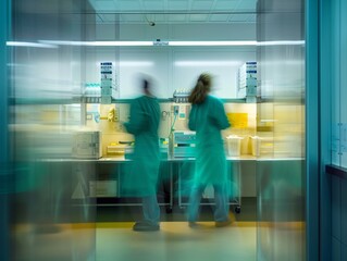 Aufkleber - Abstract Blurry of Two Scientists in Green Lab Coats in a Symmetrically Equipped Laboratory Using Long Exposure, Fast Shutter Speed Technique