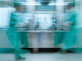 Poster - Abstract Blurry Image of Two Scientists in Vibrant Green Lab Coats Inside a Modern Laboratory, Engaged in Research Using Advanced Reproduction Technology