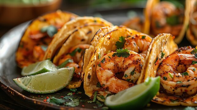 A plate of spicy shrimp tacos, served with lime wedges.