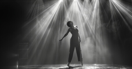 Poster - A contemporary dancer, girl in a black and white suite, in the middle of a stage with a direct light from above pointing her in a black stage. Generative AI.