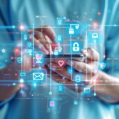 Leinwandbilder - Mobile Security Concept: Person Engaging with Smartphone Amidst Digital Encryption Icons, Highlighting Cybersecurity Measures