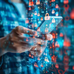 Aufkleber - Young Adult Engaged in Smartphone Security Check Amidst a Swarm of Digital Encryption Symbols Illustrating Modern Mobile Safety