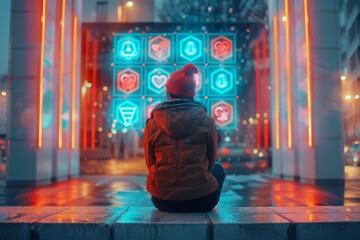 Aufkleber - Young Woman Engaging with Digital Privacy and Security Concepts in a Neon-lit Urban Setting at Night