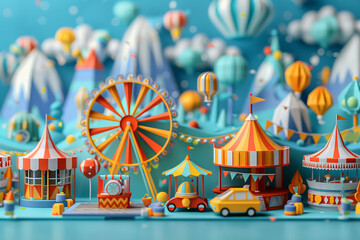 A paper art scene featuring a circus tent in the park, surrounded by the mountain under a sunny sky and colorful balloons. A colorful carnival scene, paper Ferris wheel, and booths, festive and joyful