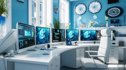 Aufkleber - Cybersecurity Expert's Modern Office at Daytime: Advanced Monitoring in a Professional Setting, Emphasizing Digital Surveillance and Privacy